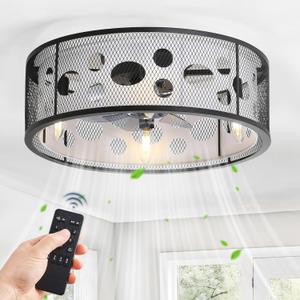 LEDIARY 18 Inch Boho Caged Ceiling Fans with Light,Small Farmhouse Flush Mount Ceiling Fan with Remote, Low Profile Bladeless Ceiling Fan Lights Fixtures for Kitchen Bedroom Dining RoomBlack