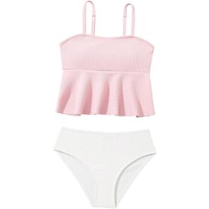 QJQ Girl's 2 Piece High Waisted Swimsuits Ruffle Waffle Bathing Suit Summer Cute Bikini Sets