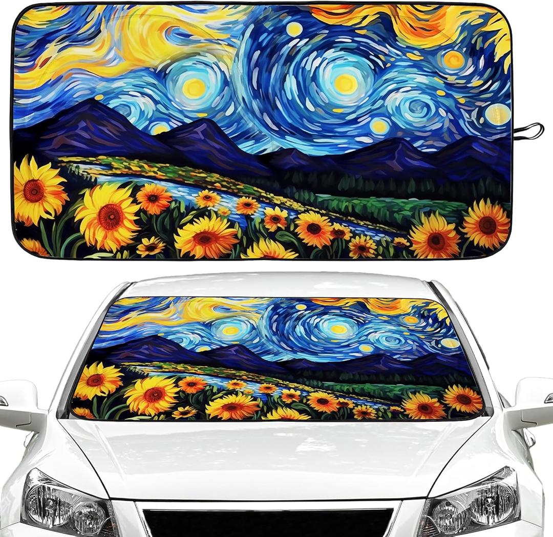 Starry Night Sunflowers Car Windshield Sun Shade Foldable Sunshade Front Window Cover Sun Visor Protector Accessories (59x27.5 inches)