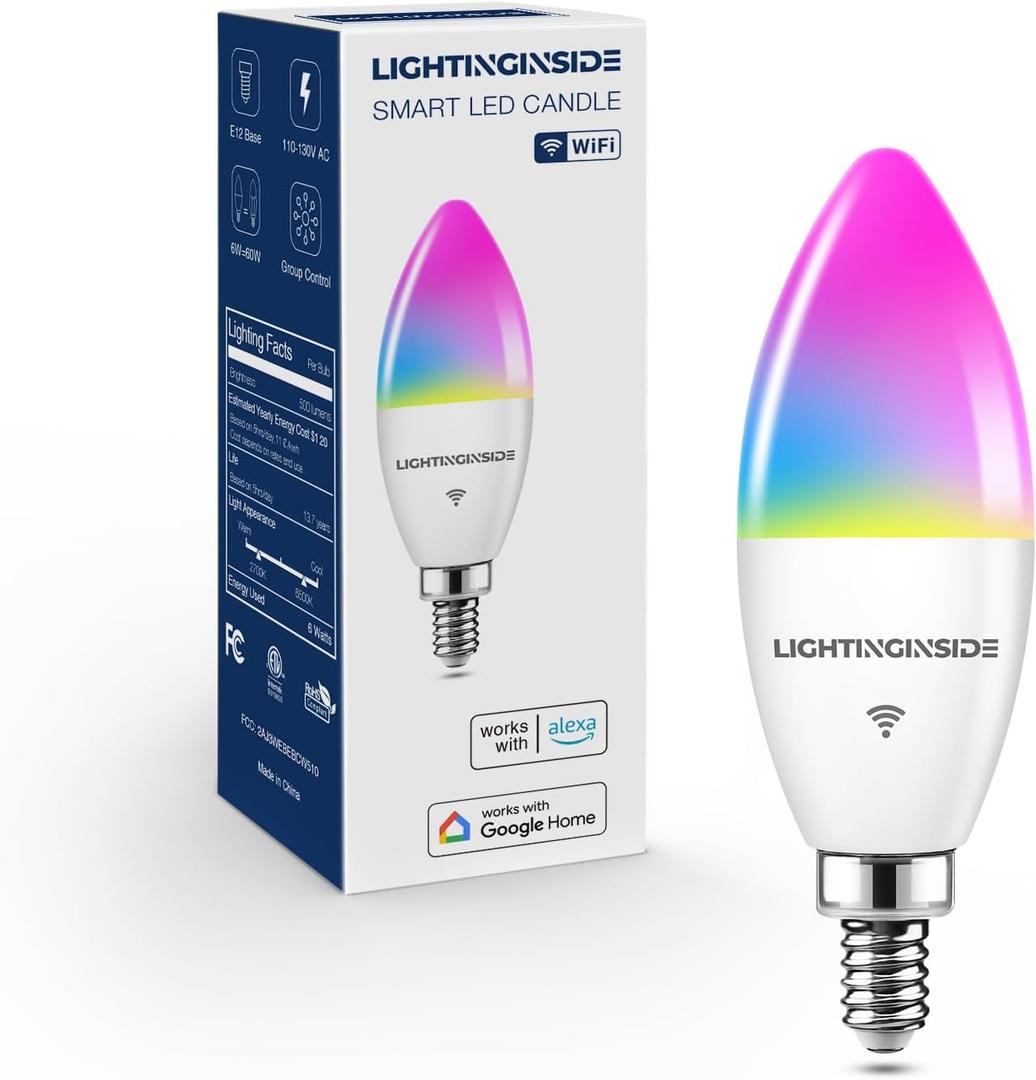Lightinginside E12 Smart Light Bulbs 60W Equiv., Work with Alexa/Google Home/Smart Life, 500LM 6W RGBCW Candle Candelabra LED Light Bulbs, No Hub Required, 2.4G WiFi Bluetooth Bulb, ETL Listed, 1PC (Multicolor)