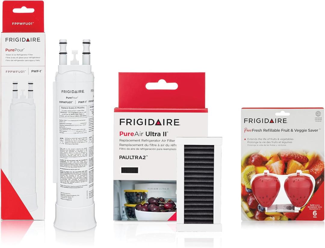 Frigidaire PurePour PWF-1 (FPPWFU01) & PureAir Ultra II (PAULTRA2) & PureFresh (FRPFUFV2) Water & Air Filter Combo Kit (Regular)