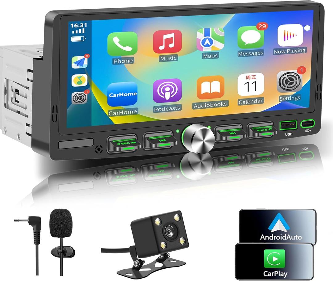 Single Din Touchscreen Radio with Wireless Apple CarPlay & Android Auto, 6.9" IPS Car Stereo with Bluetooth, Mirror Link, FM/AM,EQ, USB/Type-C, SWC, HD Backup Camera, Microphone for Car Audio Upgrade