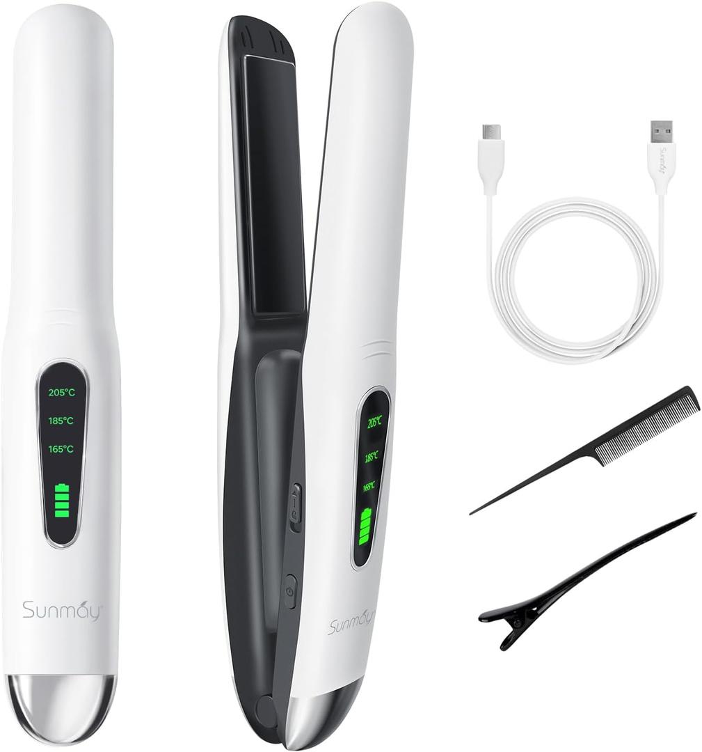 Sunmay Voga Cordless Hair Straightener and Curler 2 in 1, Portable Flat Iron Hair Straightener for Travel, Dual Voltage Titanium Wireless Straightening Iron for Women Touch-Ups - Not for Thick Hair