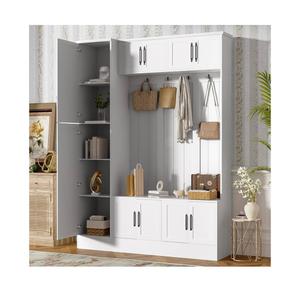 Modern Hall Tree with Shoe Storage, 79'' Tall 4-in-1 Entryway Bench with 6 Cabinets, 4 Coat Hooks and Adjustable Shelf for Hallway, Mudroom, Living Room (White)