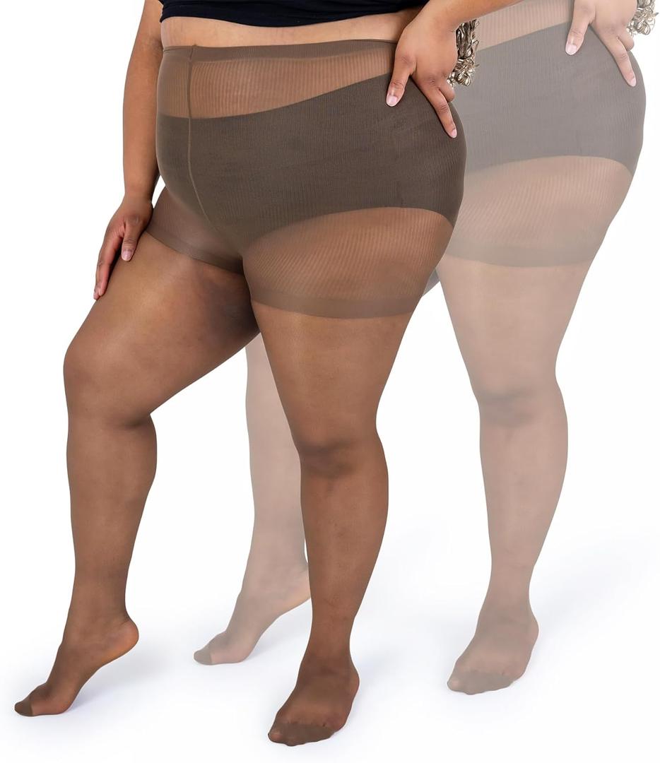 Plus Size Pantyhose for Women Soft Sheer Queen Tights (3X-4X, French Coffee - 2 Pairs)
