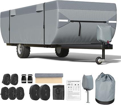 Mofeez Pop Up Camper Cover 16-18ft, 7 Layers Top Extra-Thick pop up Trailer Cover, Waterproof, Windproof, Anti-UV, Rip-Stop Folding Camper Cover with 3+2 Windproof Straps, Storage Bag