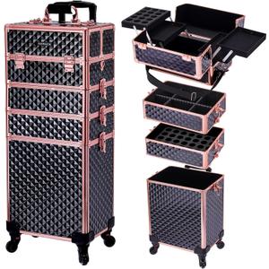 TOPACK Professional 4-In-1 Rolling Makeup Train Case, Large Makeup Travel Case with Key Shoulder Strap/Handle Cushion I Makeup Train Case I Makeup Nail Cart I Cosmetology Case on Wheels(Black Glod)