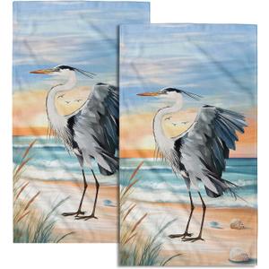 Giwawa Heron Towel Set of 2 Watercolor Summer Coastal Sea Bird Decorative Hand Face Towels for Bathroom Guest Nautical Beach Themed Microfiber Kitchen Dish Towel for Hotel Gym Spa Season