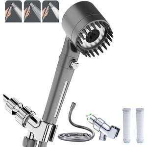 Shower Head with Handheld, Shower Heads High Pressure, High Flow Even with Low Water Pressure-Hand Held Showerhead Set,3 Modes Filtered Showerhead with 59Replacement Hose/Bracket/Cotton Filters (Gray)