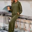 Glamaker Womens Lounge Two Piece Outfits Airport Casual Travel Crew Neck Sets Long Sleeve Tops & Wide Pants 2025 Trendy (Green, XXL)