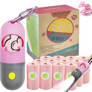 Dog Waste Bags Holder with LED Flashlight Doggie Poop Bags Dispenser with 13 Rolls Leak-Proof Pet Trash Bags Rechargable USB Cable(Pink)