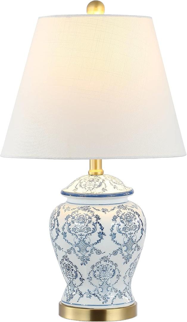 JONATHAN Y 22.25" Blue/White Chinoiserie Ceramic Urn Table Lamp, Traditional Classic Nightstand Lamp for Living Room Bedroom, White Linen Shade, LED Bulb Included JYL3085A