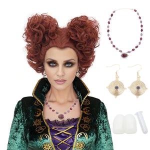 Red Short Curly Wig, Brown Short Curly Wig With Buns, Halloween Costume Wigs For Women