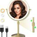 8" Lighted Makeup Mirror, 1X/10X Magnification Mirror with Lights, Double Sided Dimmable Mirrors, Rechargeable & Brightness & Height Adjustable, Cordless Vanity Mirror(Gold)