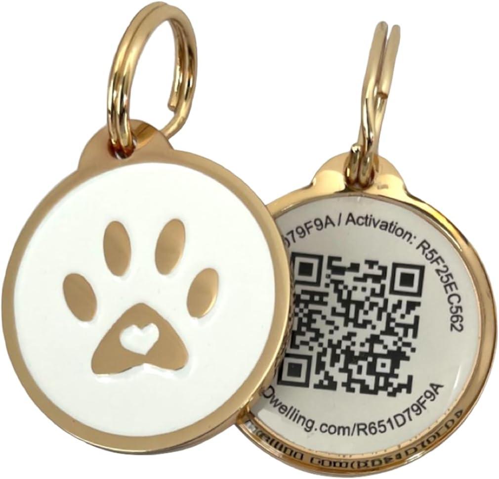 Pet Dwelling QR Pet Tag  Easy Scan Instant Location Alerts, Online Pet Profile with AI Feature for Dogs & Cats (Lux Gold White Paw)