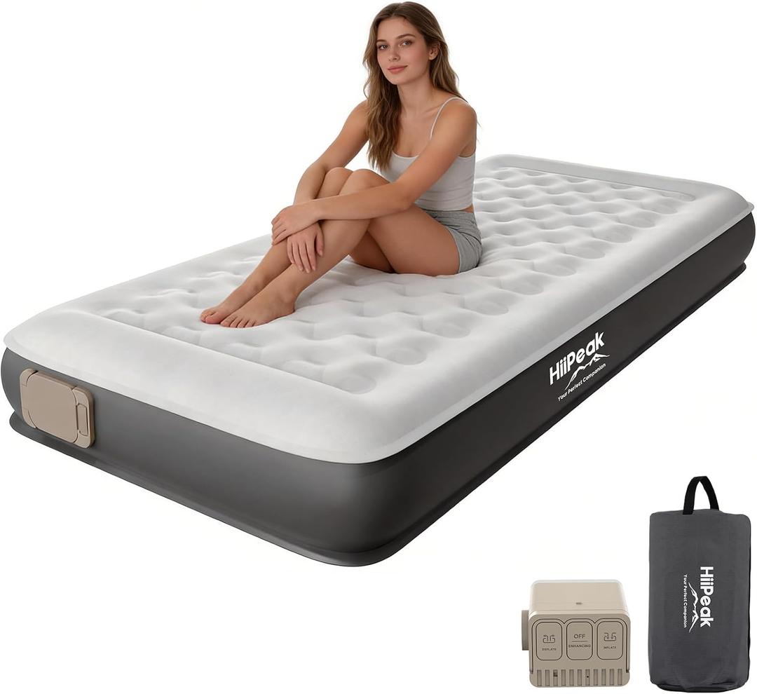 HiiPeak Twin Air Mattress with Wireless Removable Air Pump, 2Min Self Inflatable Mattress, Blow up Mattress All Night Stability, No Bad Smell TPU Air Bed for Tent Camping, Home, Guests, Car Travel