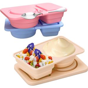 3 Pack Reusable Snack Containers with Lids, Silicone Double Compartment Snack Box Container, Small Mini Snack Pack Containers for Travel, Picnic, Work