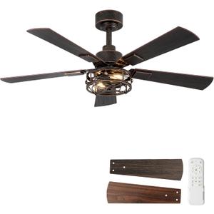 Farmhouse Ceiling Fans with Lights, 42 Inch Bedroom Ceiling Fan with Remote Control, Quiet and Reversible DC Motor, 6-Speed 5 Blades Caged Ceiling Fan for Bedroom, Living Room, Black and Gold Color