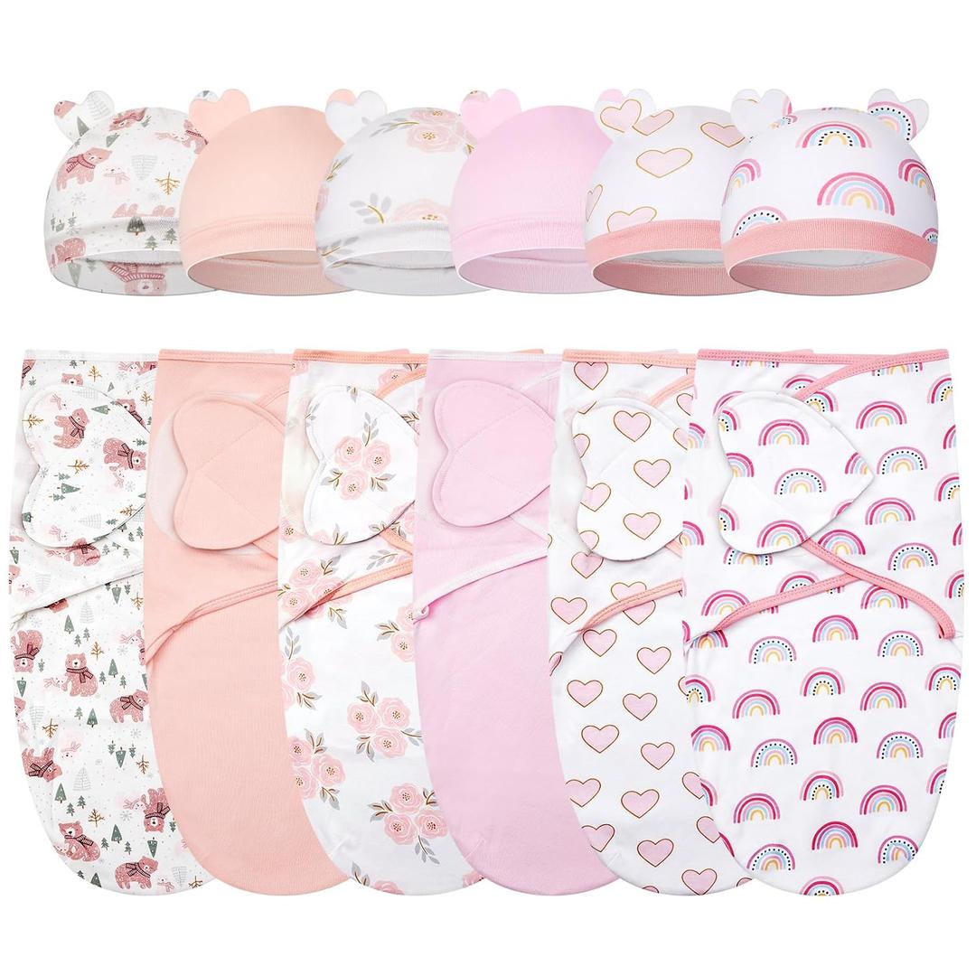 Ramede 6 Pack Swaddle Blanket with Hats for Baby Girl Boy 100% Cotton Swaddles 0-3 Months, Adjustable Breathable Skin Friendly Receiving Blanket Wrap, Essential for Newborns(Love,Pink)