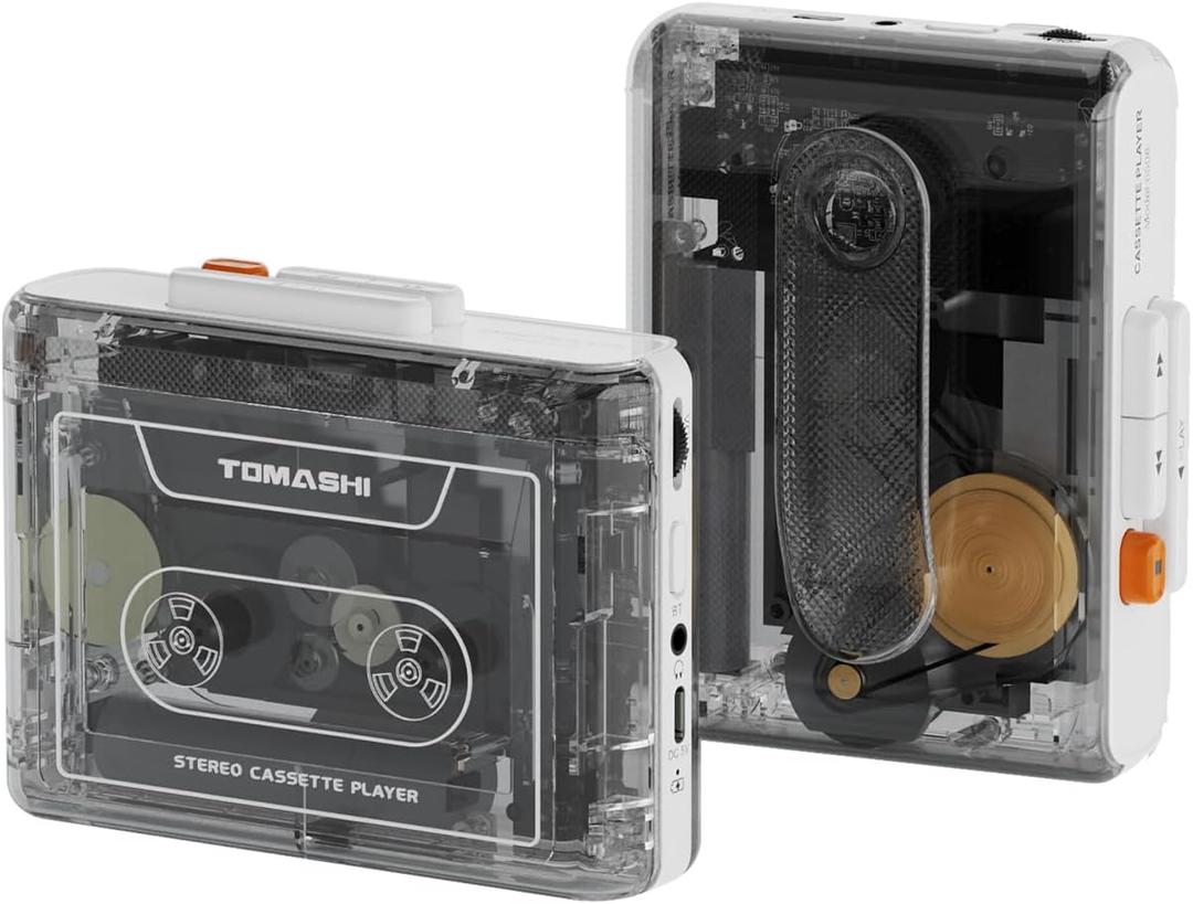 Portable Cassette Player with Bluetooth Transmitter, Cassette Stereo Player with Type-C Charging, Built-in Battery, Belt Clip, and Earphone Jack for Wireless Music Playback (White)