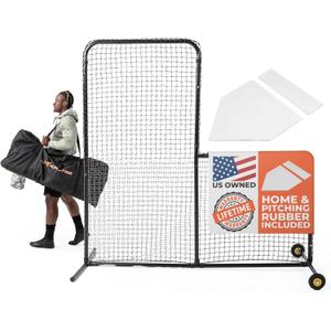 L Screen Baseball for Batting Cage | Baseball Pitching Net with Wheels-7 feet by 7 feet, 3.5 Inch by 3.5 Inch Cutout, Body Protector for Back Drive Lines Beisbol