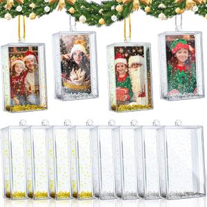 Wonderjune 12 Pcs 2 x 3'' Christmas Photo Frame Snow Globe Ornament Mini Acrylic Hanging Snow Globe Frame Glitter Snow Floating Picture Frame with String for Christmas Tree Decoration, Silver, Gold
