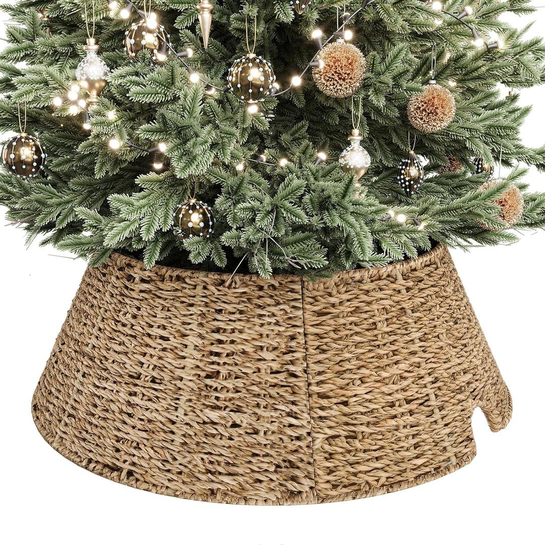 ELYKEN 13 Inch Mini Christmas Tree Collar, Seagrass Woven Xmas Tree Skirt for Artificial Trees, Rustic Farmhouse Wicker Tree Base Cover with Cord Cut-Out for Home Decor