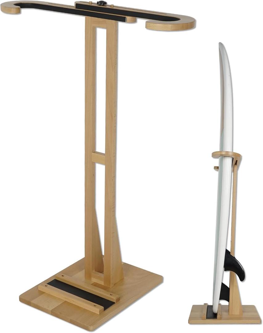 Surfboard Stand Rack, Adjustable Vertical Surf Board Rack with Floor-Standing Design, Storage & Display for Shortboard and Longboard, Beech Wood, Wood Color