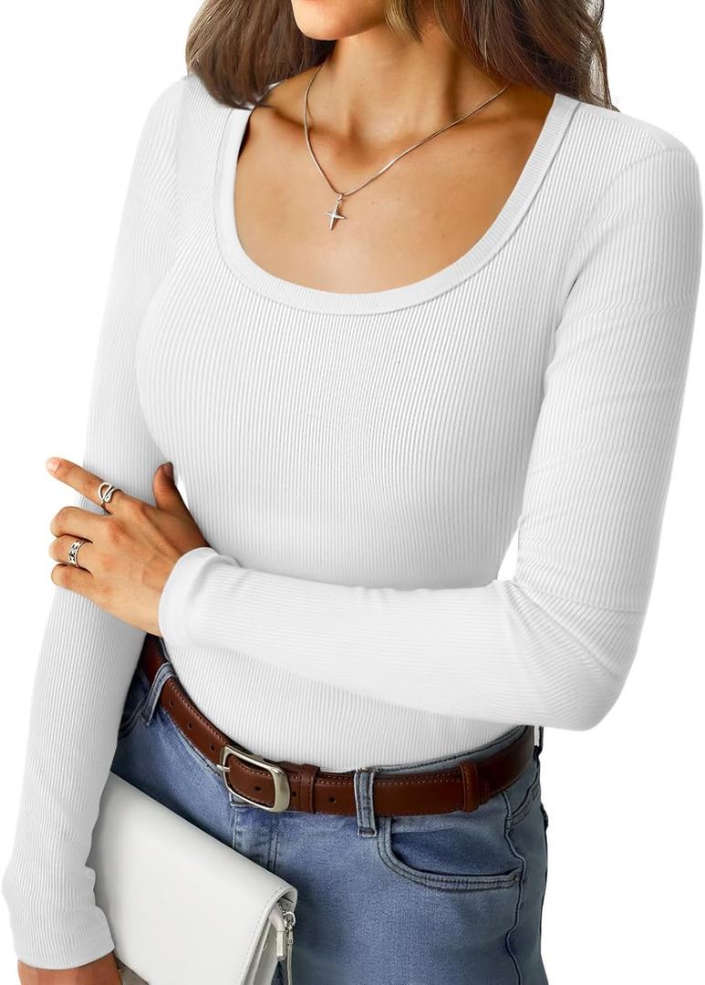 Women's Long Sleeve Tops Casual Scoop Neck Ribbed Knit Slim Fitted Basic Tee Shirts 2025 Fall Trendy Outfits (Large, White)