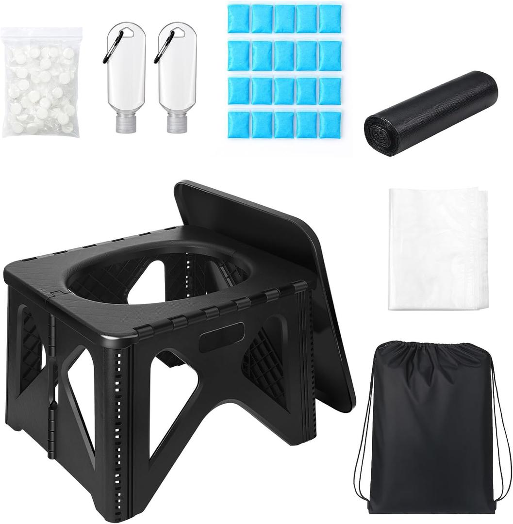 Portable Toilet Kit for Camping, Car, Adult Ultralight Foldable Camping Toilet Seat Collapsible Car Potty with Urine-fixing Agent, Trash Bag, Compressed Face Wipe for Travel, Fish, Emergency
