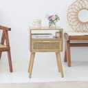 MaxSmeo Bedside Table, Small Nightstand with Charging Station, Rattan Side Table Wood End Table for Living Room, Bedroom and Small Spaces, Mid Century Modern Nightstand, Easy Assembly (Natural)