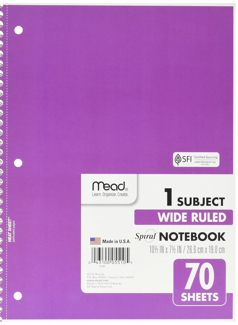 Mead Spiral 1-Subject Wide-Ruled Notebook, , Assorted Colors (05510) 6 Notebooks