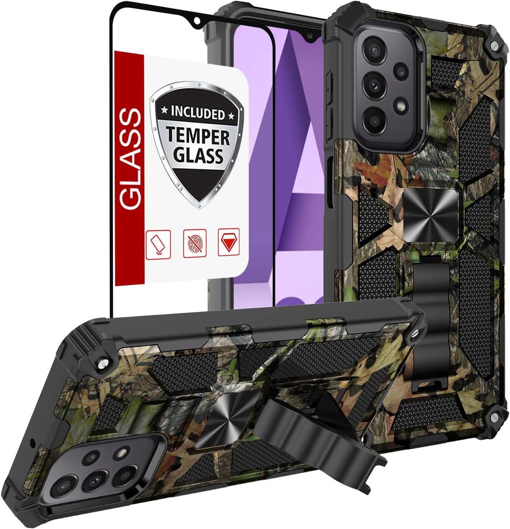 For Galaxy A23 5G/4G Case,Samsung A23 Case w/Tempered Glass Screen Protector(Full Coverage) [Full-Body][15FT Mil-Grade][Built-in Kickstand]Car Magnetic Protective Cover for Women Man Tree Camo Hunting
