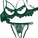 Kaei&Shi Floral Embroidered Mesh Sheer,Underwire Satin Bow,High Cut Thong,Belt Garter Lingerie