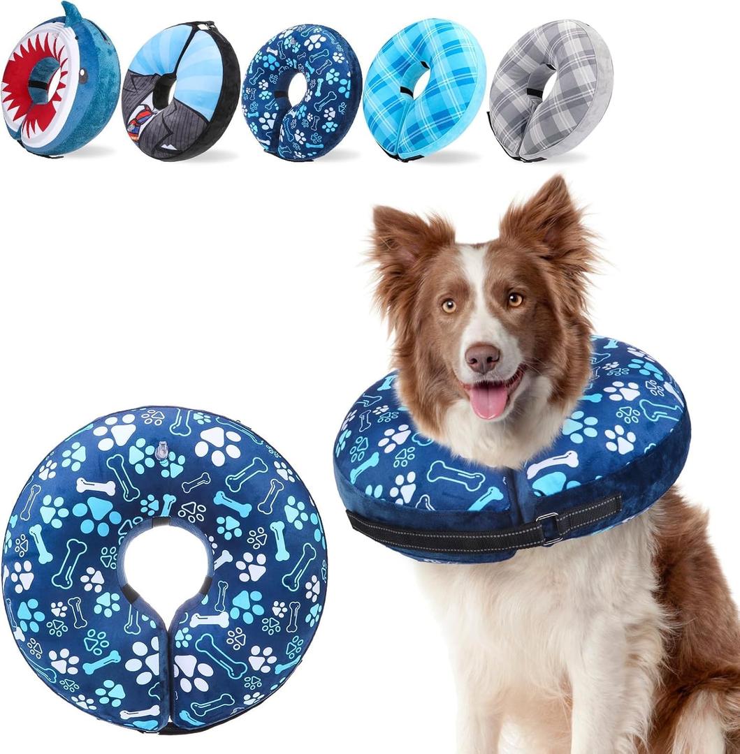 SCENEREAL Dog Cone Alternative After Surgery Donut Collar, Soft Pet Recovery Pillow Collar for Medium Large Dogs, Inflatable Adjustable Neck Collars to Prevent Licking, Bone and Paw Print E-Collars, Size: L(Neck 16"-18")