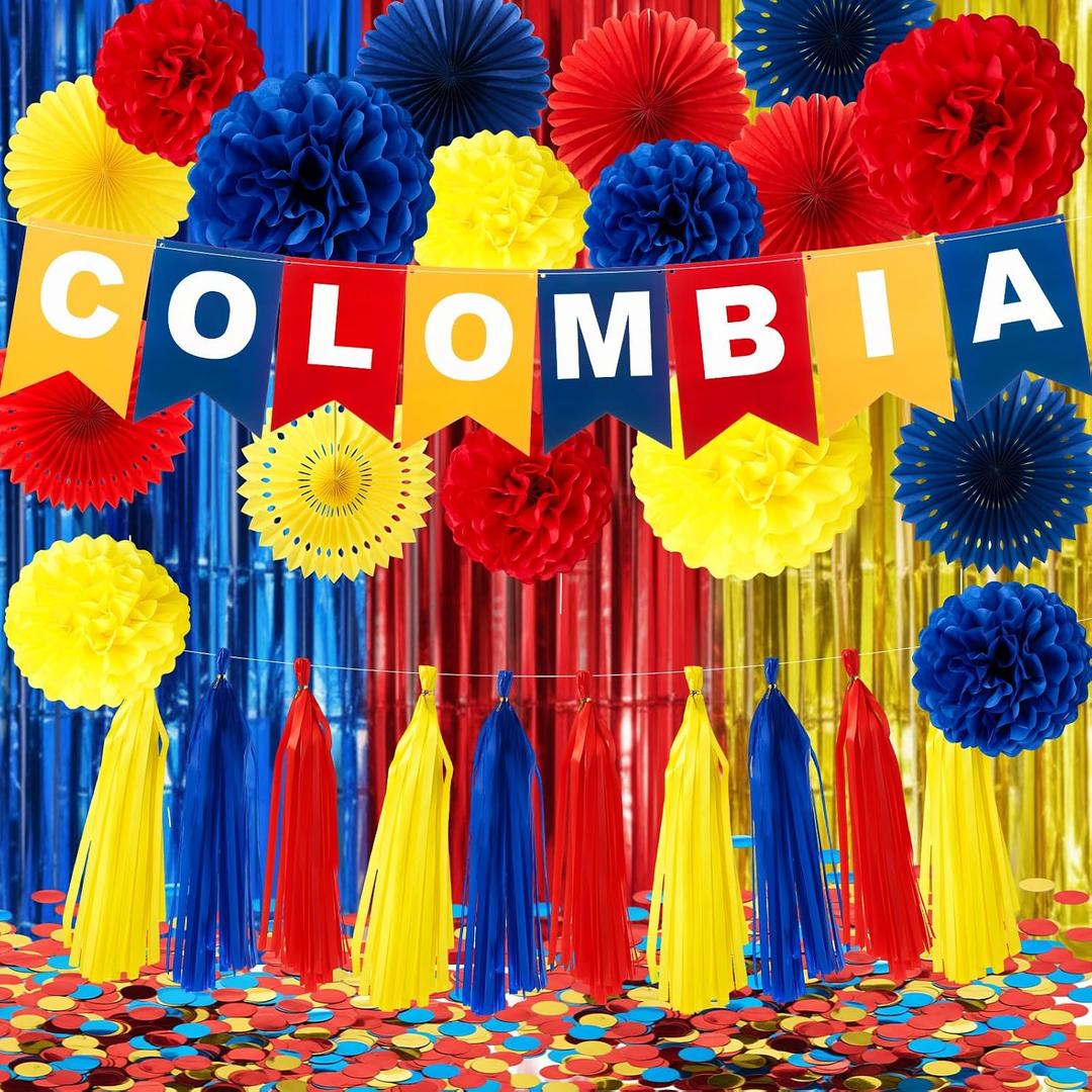 Colombia Decorations Colombia Flag Party Decorations Set Red Blue Yellow 12" 10" Tissue Flower Paper Pom Poms 8" Paper Fan Tassels Foil Curtain Backdrop Banner for Birthday Party Supply