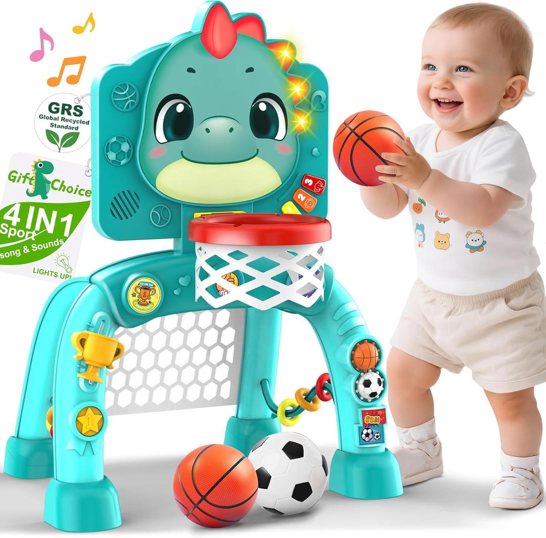 Dinosaur Kids Sports Play Toy: 4-in-1 Multifunction Indoor Outdoor Activity Basketball Toss, Ring Throw, Ball Play & Music Lights to Improve Motor Skills, Birthday Gift for Boys Girls Age 1-3