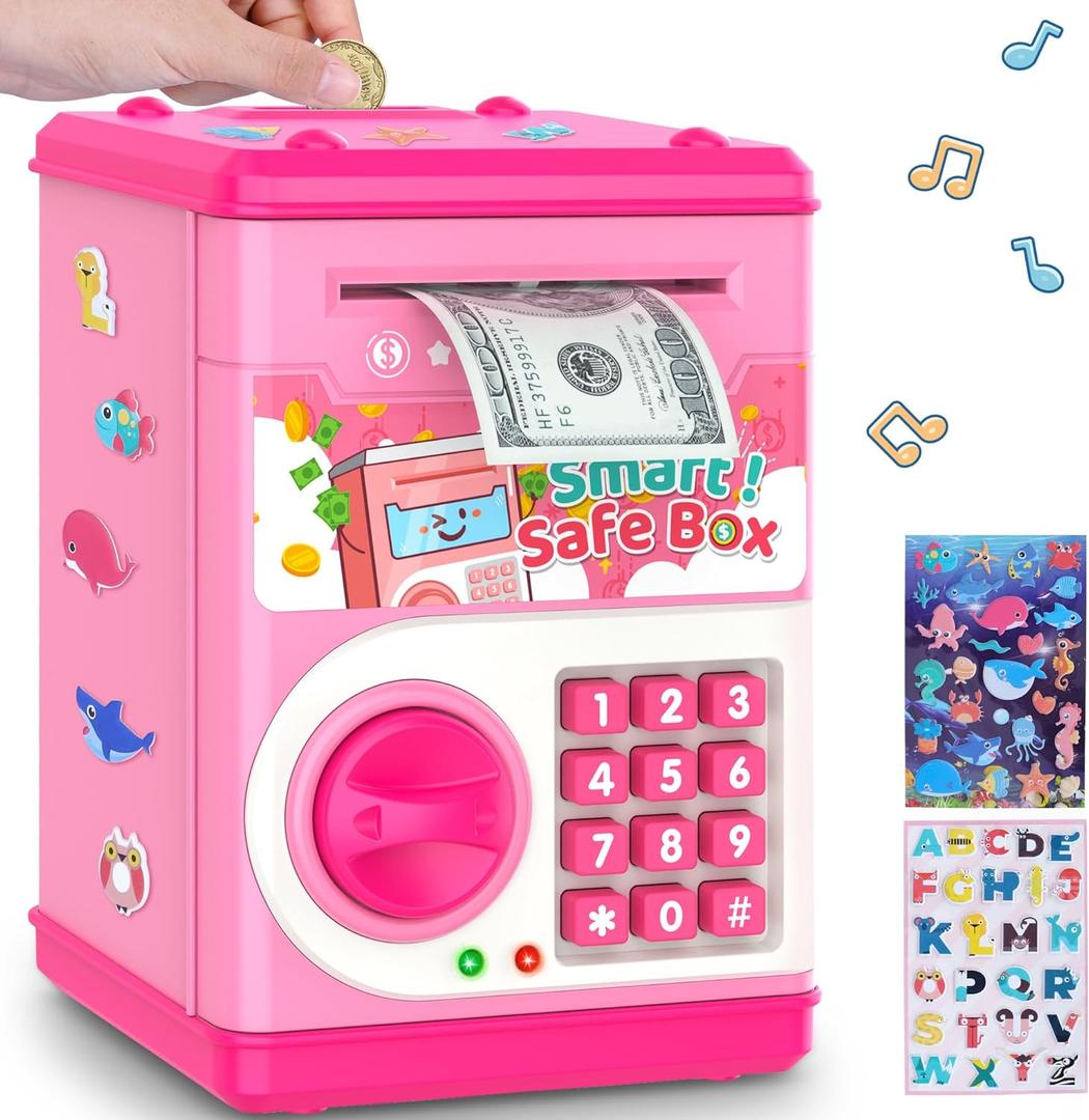 Pink Piggy Bank for Kids with Password Code Lock and Auto Grab Bill Slot, PhilaeEC Real Money Cash Coin Can Saving Box Electronic Money Safe Bank, Hot Gift for 4 7 8 9 10 11 Year Old Boys Girls