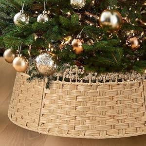 Bribay Christmas Tree Collar, Rattan Xmas Tree Skirt for Artificial Trees, Base Cover for 7.5ft Trees Christmas Tree Skirt, Handcrafted Woven Hyacinth Rustic Tree Skirt