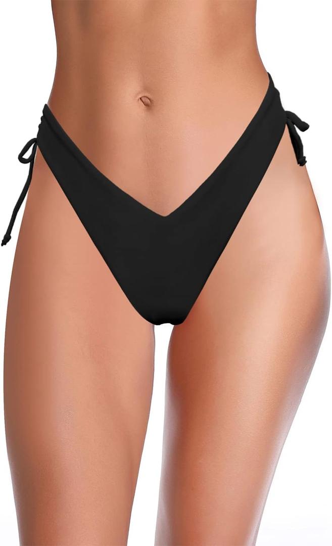 SHEKINI Women's Bikini Bottom V Cheeky High Cut Thong Tie Side Swimsuit Bottom Brazilian Swim Bottom (Black, M)