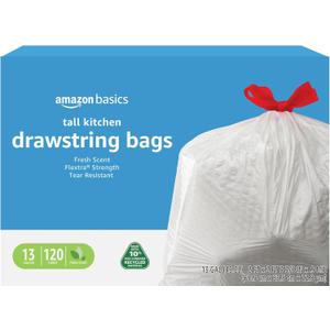 Amazon Basics 13 Gallon Tall Kitchen Drawstring Trash Bags, Flextra Strength, Clean Fresh Scent, Tear Resistant, 0.9 mil Thickness, 10% Post Consumer Recycled, 120 Count