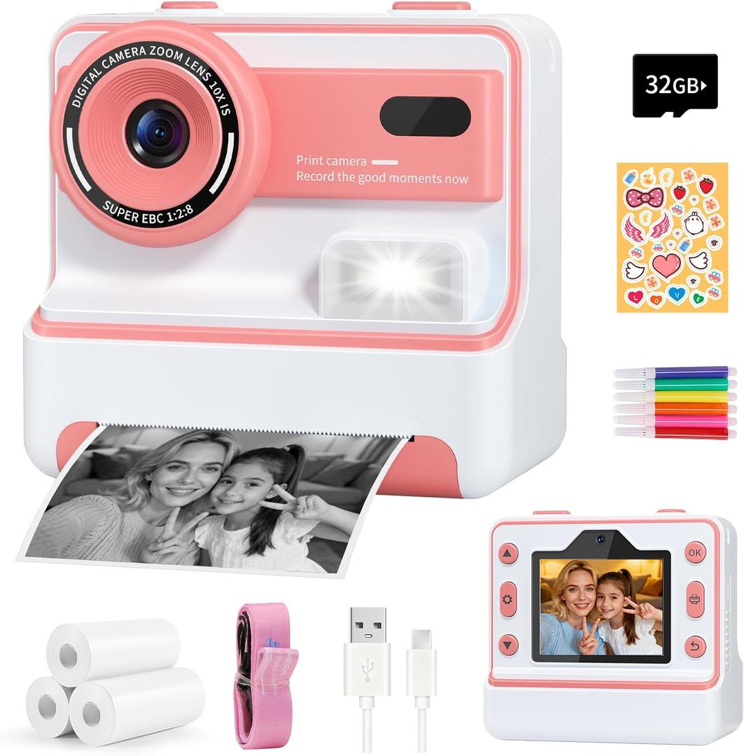 Kids Camera Gift for Girls: Dual Lens Instant Print Digital Camera Christmas Birthday Gifts Toys for 3 4 5 6 7 8 9 10 Year Old Girls Boys Stocking Stuffers for Girl Boys Age 3-12 with 32GB Card (Pink)