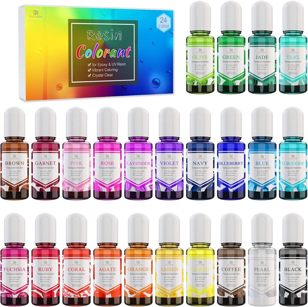 24 Color Epoxy Pigment - Crystal Transparent Dye for DIY Resin Art, Jewelry Making - Concentrated UV Resin Colorant for Paint, Tumbler, Craft - 0.35 oz/10ml Each