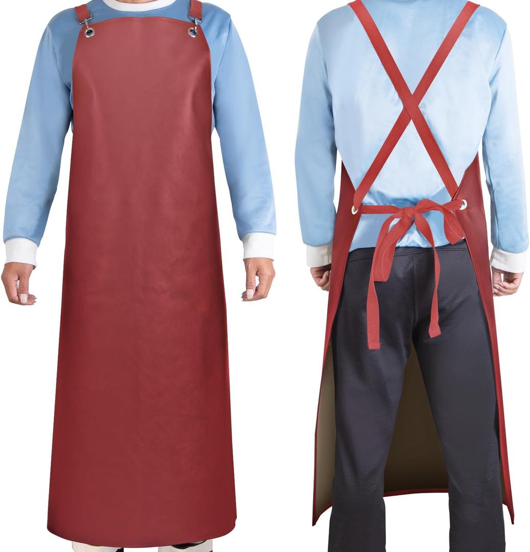 Waterproof Rubber Aprons for Women, Heavy Duty Vinyl Dishwasher Apron Adjustable Cross Back Strap for Dishwasher, Butcher, Dog Grooming, Chemical Resistant, 43" Long Thicker Apron Red