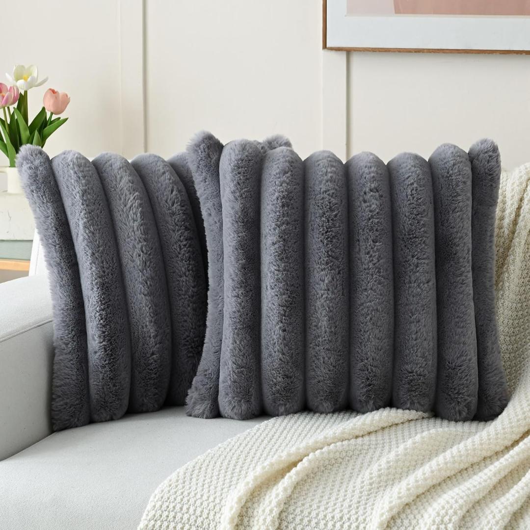 FUTEI Grey Decorative Throw Pillow Covers 18x18 Inch Set of 2, Square Soft Faux Rabbit Fur Big Striped Cushion Cover,Home Decor for Couch Sofa Bed Living Room (18" x 18" (Pack of 2))