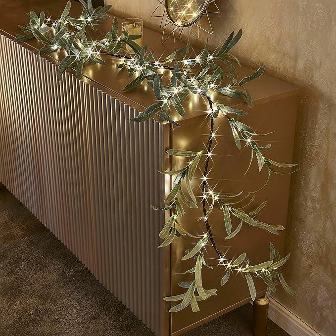 Hairui Lighted Artificial Olive Garland 6FT 96 LED Fairy Lights Battery Operated, Faux Vine Lights with Timer for Spring Christmas Holiday Fireplace Décor