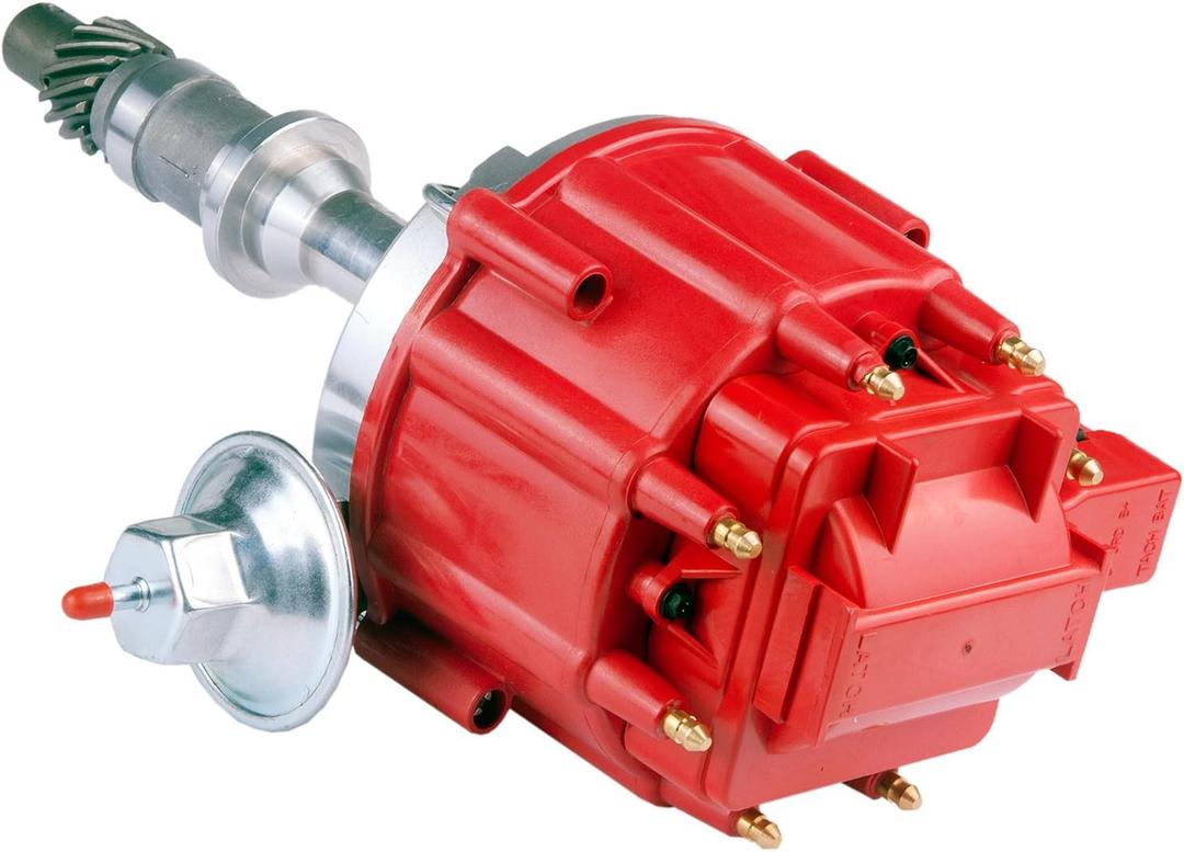 MAS Ignition Distributor w/Cap & Rotor 1040011 65K Coil Small Block Compatible with Pontiac 301ci 326ci 350ci 389ci 400ci 421ci 428ci 455ci V8 HEI One Wire Installation Red Cap