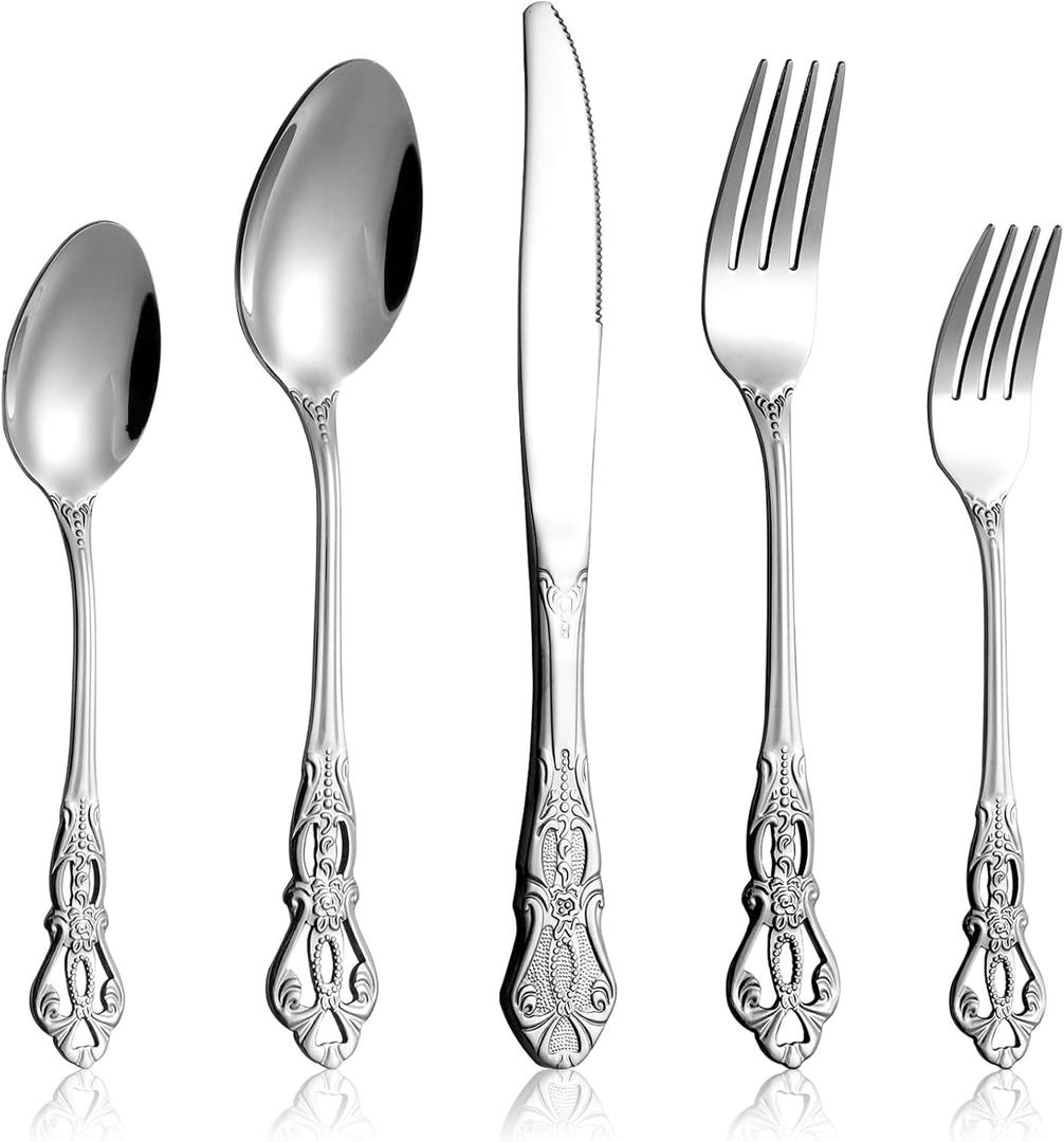 40 Pieces Retro Royal Silverware Set for 8, Stainless Steel Flatware Set, Dishwasher Safe Dinnerware Set Including Forks Spoons and Knives, Vintage Cutlery Set for Wedding, Party and Christmas