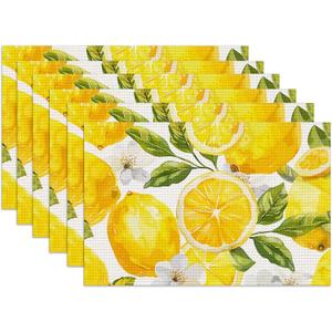 Watercolor Lemon White Flower Placemats Set of 6, Linen Place Mat Washable Stain Resistant Table Mats for Farmhouse Kitchen Dining Party Wedding Decor 12x18 Inch