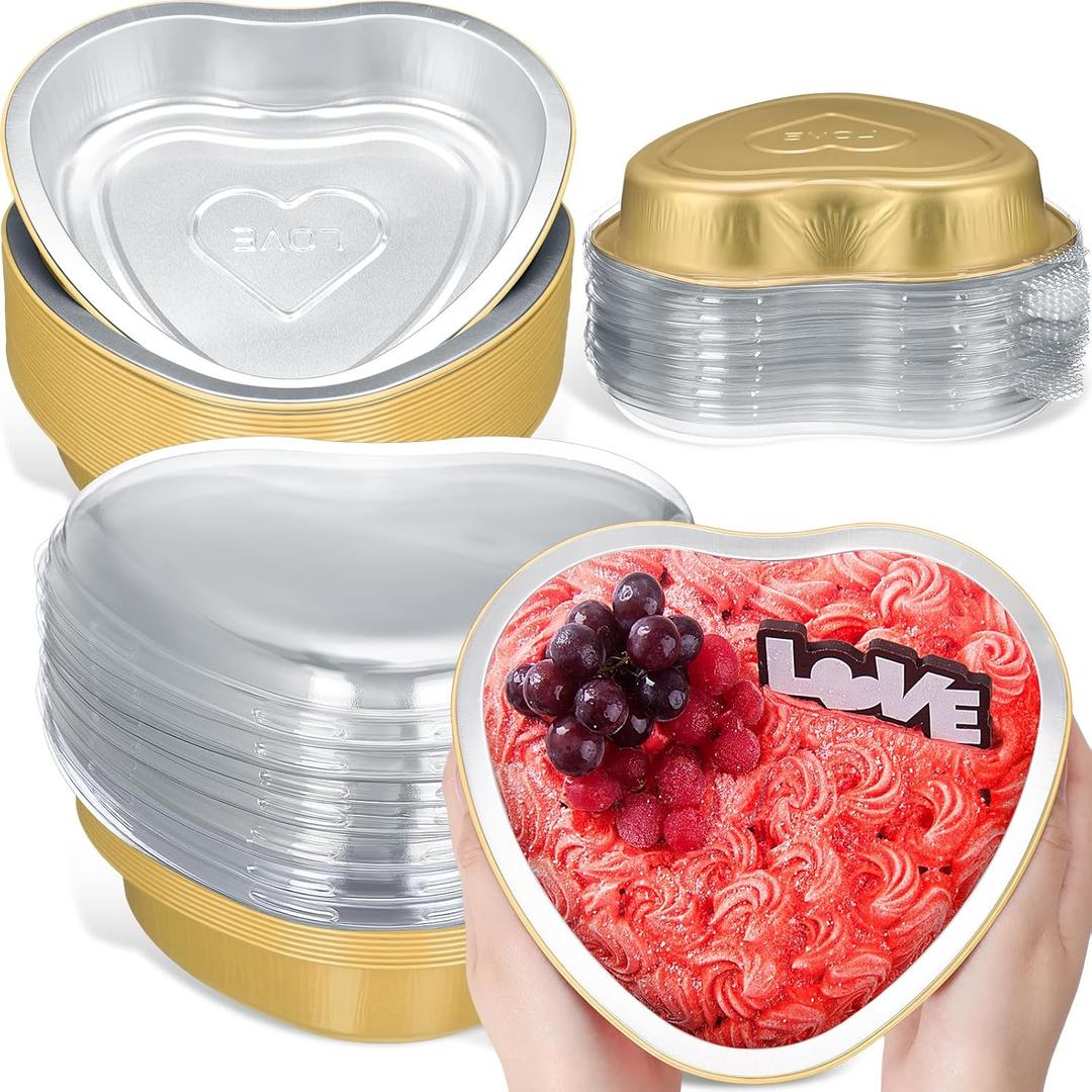 Patelai 25 Set 22.7 oz Valentine's Day Large Foil Heart Shaped Cake Pans with Lid Aluminum Heart Baking Cups Pan Dessert Baking Cups for Valentine Wedding Anniversary Graduation Party Supplies, Gold